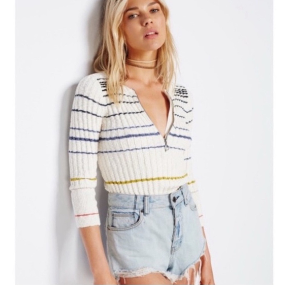 Free People multi colored STRIPED Henley ROSSI Ribbed Sweater Sz L - Picture 4 of 9